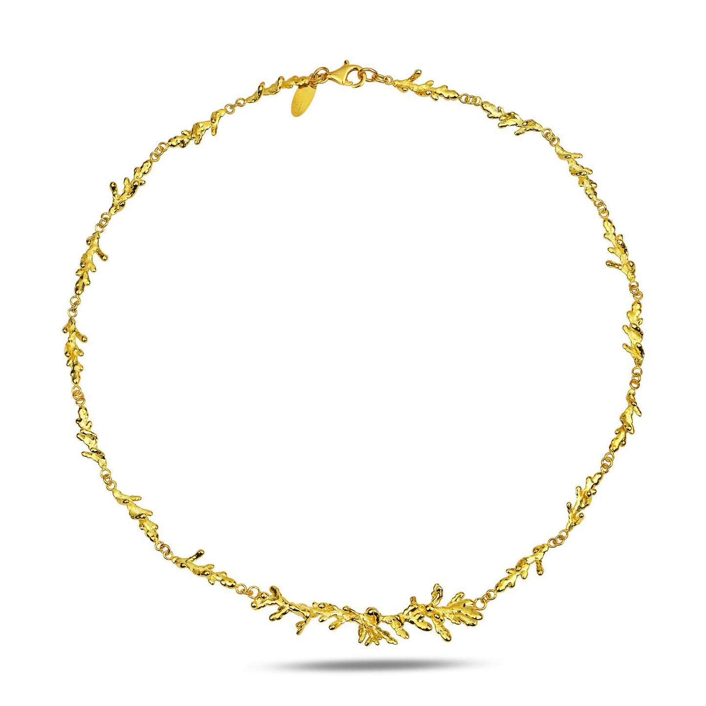 Front view of the continuous pine branch collar necklace, an elegant piece of woodland-inspired jewelry symbolizing resilience and eternal life.