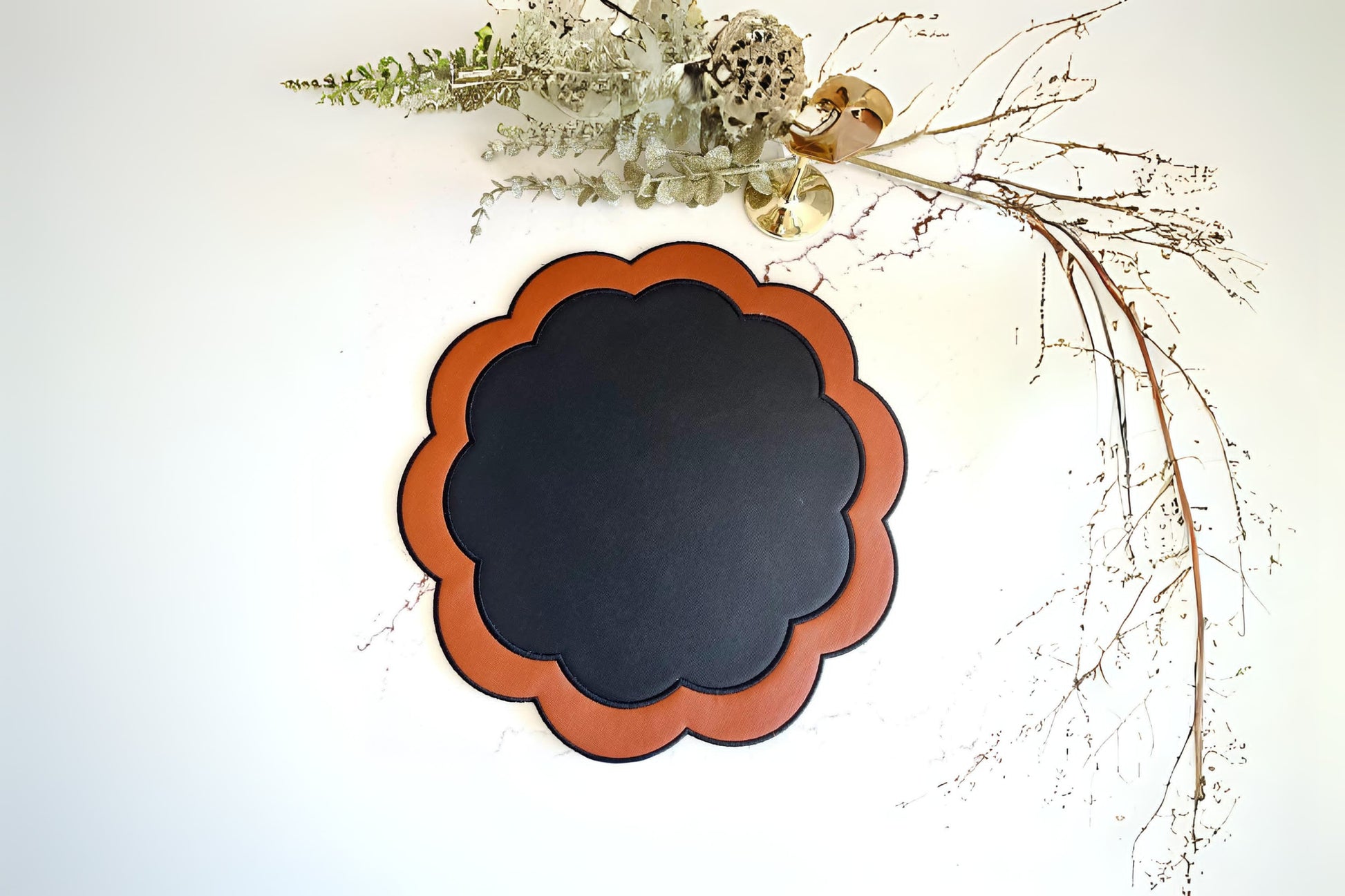Stylish black and orange faux leather placemat for weddings, special occasions, and corporate events