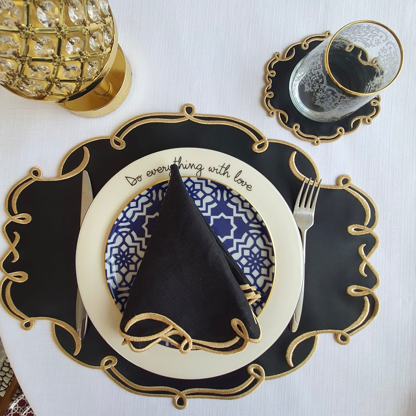 Celestia holiday black oval faux leather table set arranged for elegant seasonal decor by PNRDECOR ship from USA