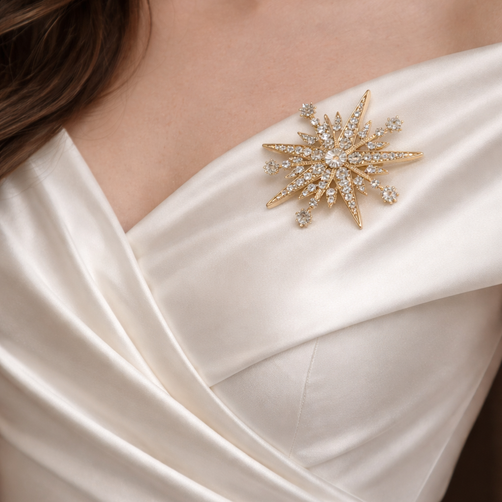 Champagne Starlight crystal starburst brooch with champagne-toned sparkle and radiant rhinestones, Ship From USA, by Pnr Decor.