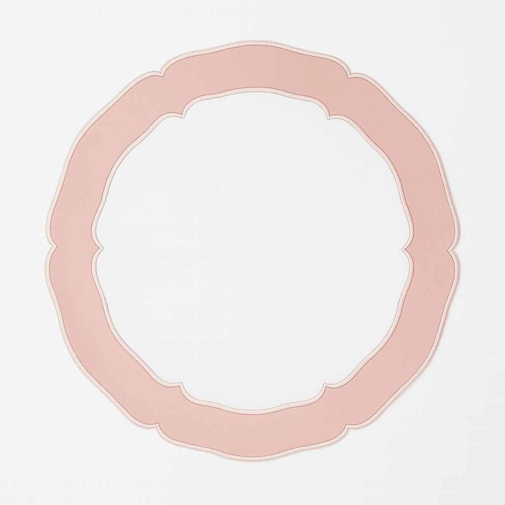 Clarion White Pink Round Faux Leather Placemat – expertly handcrafted from eco-friendly, vegan faux leather with elegant embroidery and double-layered design, stain-resistant and durable BY PNR DECOR