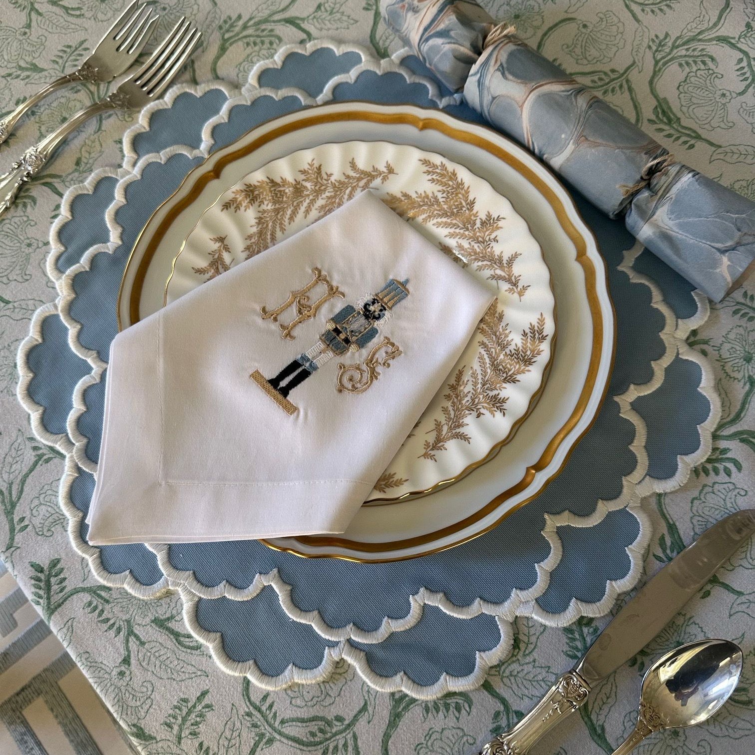 Round blue scalloped placemat laid on a table, perfect for everyday meals, brunch, or events, Ship From USA, by Pnr Decor.