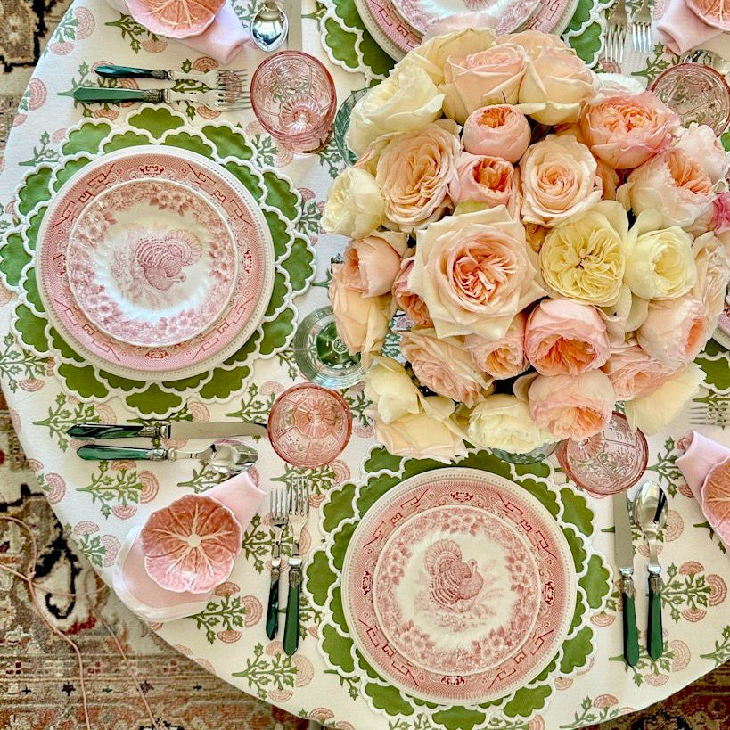 Premium made-to-order embroidered cotton table linen with a stain-resistant finish, ideal for everyday luxury table decor, delivered in the USA.