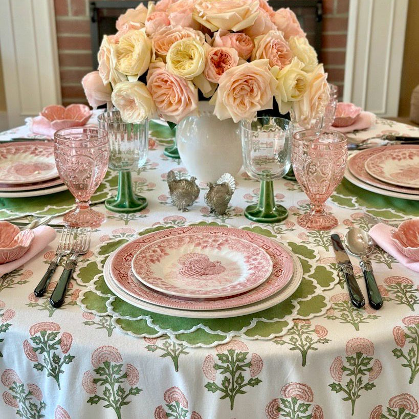 Personalized embroidered cotton table linen featuring a stain-resistant finish, designed for chic table decor, made to order in the USA.