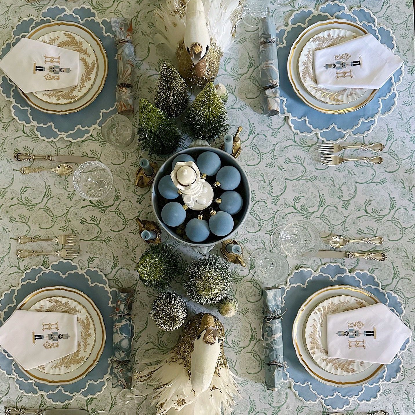 Close-up of the Cressida scalloped blue placemat edge highlighting the texture and stitching, Ship From USA, by Pnr Decor.