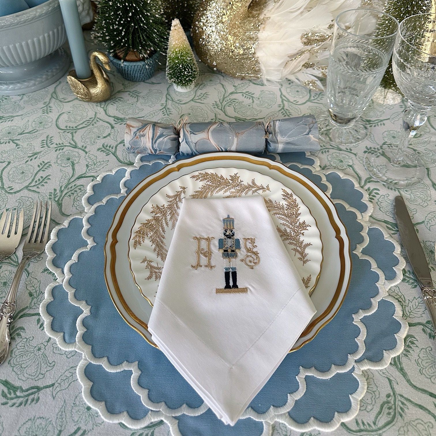 Cressida blue placemat with scallop border paired with dinnerware for a polished tablescape, Ship From USA, by Pnr Decor.
