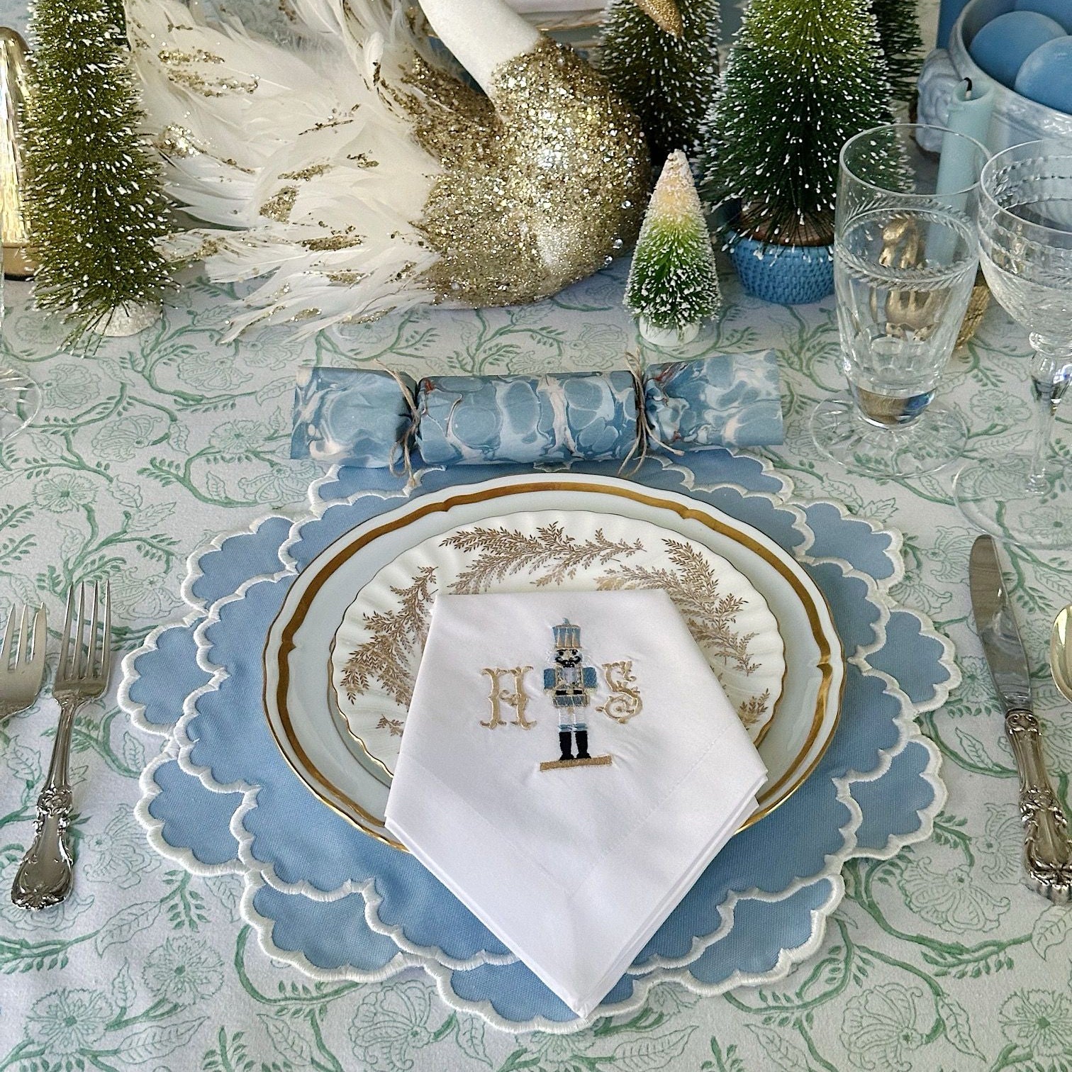 Cressida scalloped blue placemat with elegant curved edge, styled for a classic table setting, Ship From USA, by Pnr Decor.