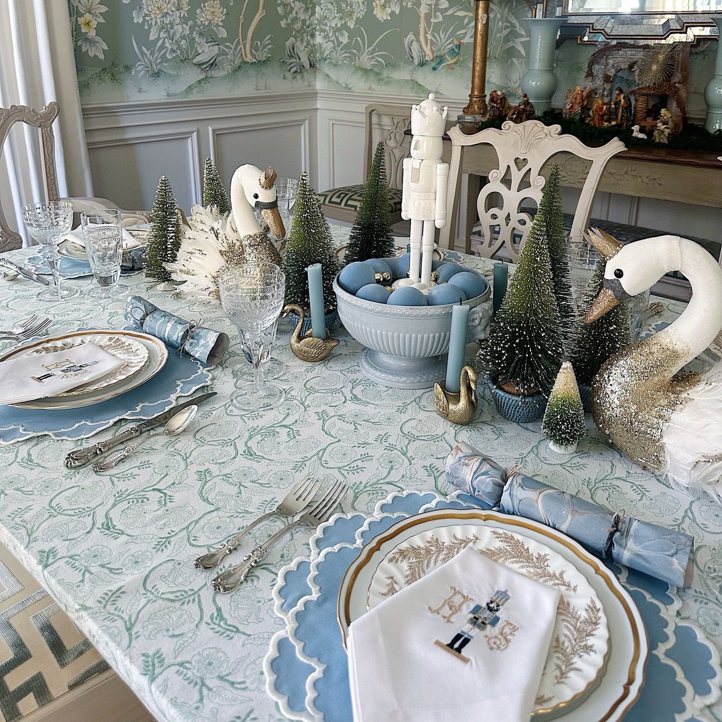 Blue scalloped-edge placemat detail showing the neat border and refined finish for dining decor, Ship From USA, by Pnr Decor.