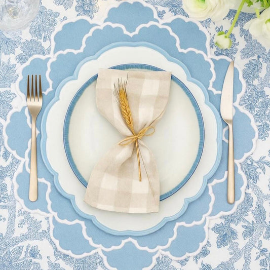 Cressida scalloped blue placemat styled for an elegant table setting with scalloped edge detail by PNRDECOR ship from USA