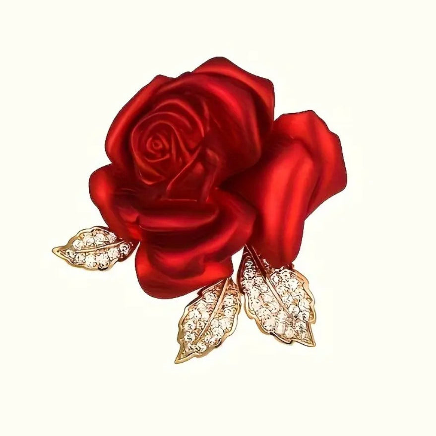Close-up of the Crimson Rose bridal brooch showing red floral details and crystal sparkle, Ship From USA, by Pnr Decor.