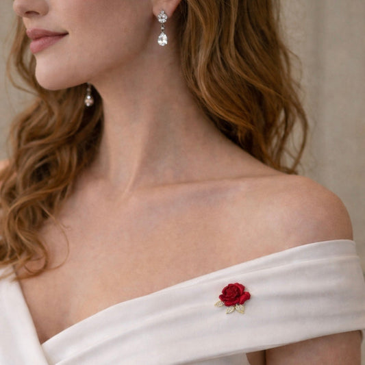 Crimson Rose bridal brooch with deep red rose design and sparkling crystal accents, elegant wedding accessory, Ship From USA, by Pnr Decor.