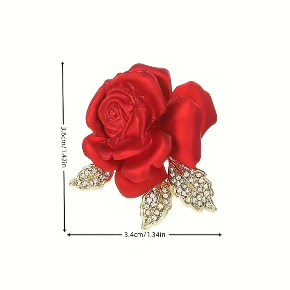 Crimson rose brooch styled on a bridal sash, veil, or blazer lapel for wedding day elegance, Ship From USA, by Pnr Decor.