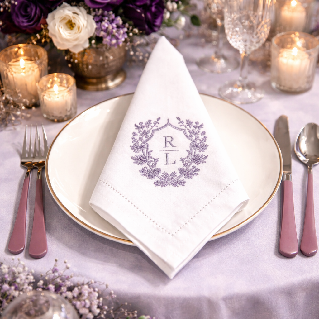Elegant table setting featuring a white cloth napkin with a custom lavender floral crest monogram embroidery, resting on a gold-rimmed plate alongside mauve-handled flatware and a purple rose centerpiece.