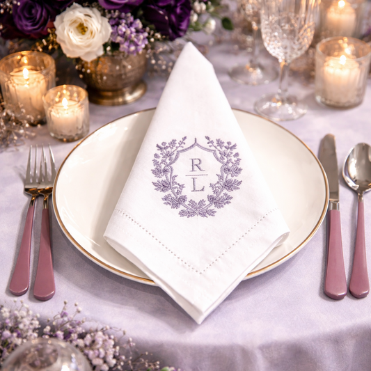 Elegant table setting featuring a white cloth napkin with a custom lavender floral crest monogram embroidery, resting on a gold-rimmed plate alongside mauve-handled flatware and a purple rose centerpiece.