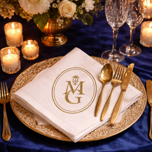 Luxurious table setting featuring a folded white cloth napkin with a custom gold oval crest monogram, gold flatware, resting on an ornate gold charger plate over a deep navy velvet tablecloth.