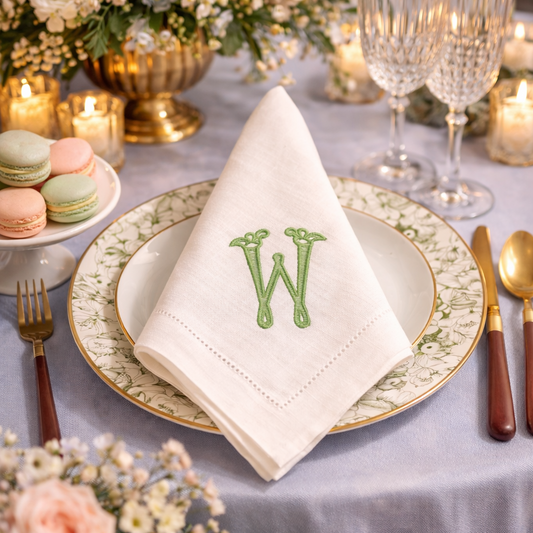 Elegant spring table setting featuring a white cloth napkin with a custom green botanical monogram 'W', placed on a green floral plate alongside pastel macarons, gold flatware, and a lush floral centerpiece.