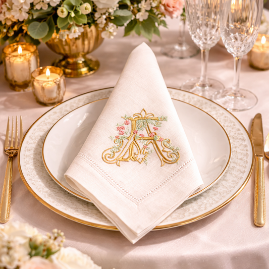 Elegant romantic table setting featuring a folded white cloth napkin with an ornate gold and pastel floral illuminated monogram letter A, resting on gold-rimmed plates over a blush pink tablecloth with lush rose centerpieces and gold flatware.