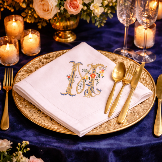 Elegant table setting featuring a folded white cloth napkin with an ornate illuminated floral monogram 'M', resting on a textured gold charger plate with gold flatware over a deep navy velvet tablecloth, surrounded by pink roses and candlelight.