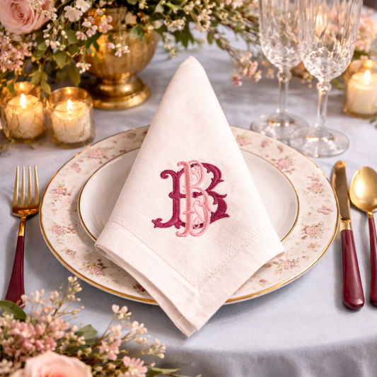 Elegant vintage table setting featuring a folded white cloth napkin with a custom interlocking burgundy and pink monogram, resting on a floral plate over a light blue tablecloth, accompanied by burgundy flatware and lush rose centerpieces.