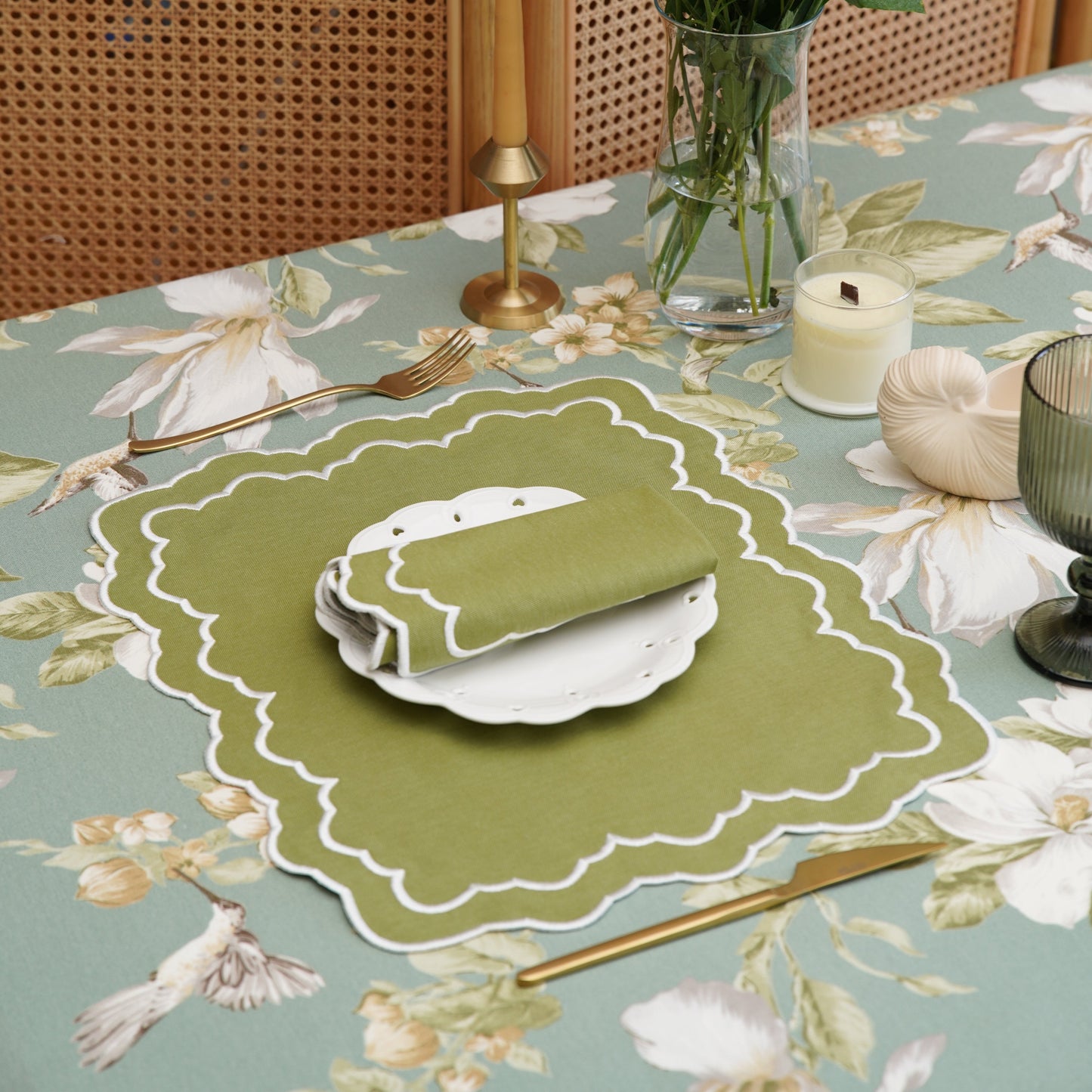Misty Rectangular Hummingbird Floral Tablecloth, Luxury Cotton Blend, Sustainable & Eco-Friendly, Water Repellent, Easy-Care Fabric, Custom Dimensions, Fast USA Shipping