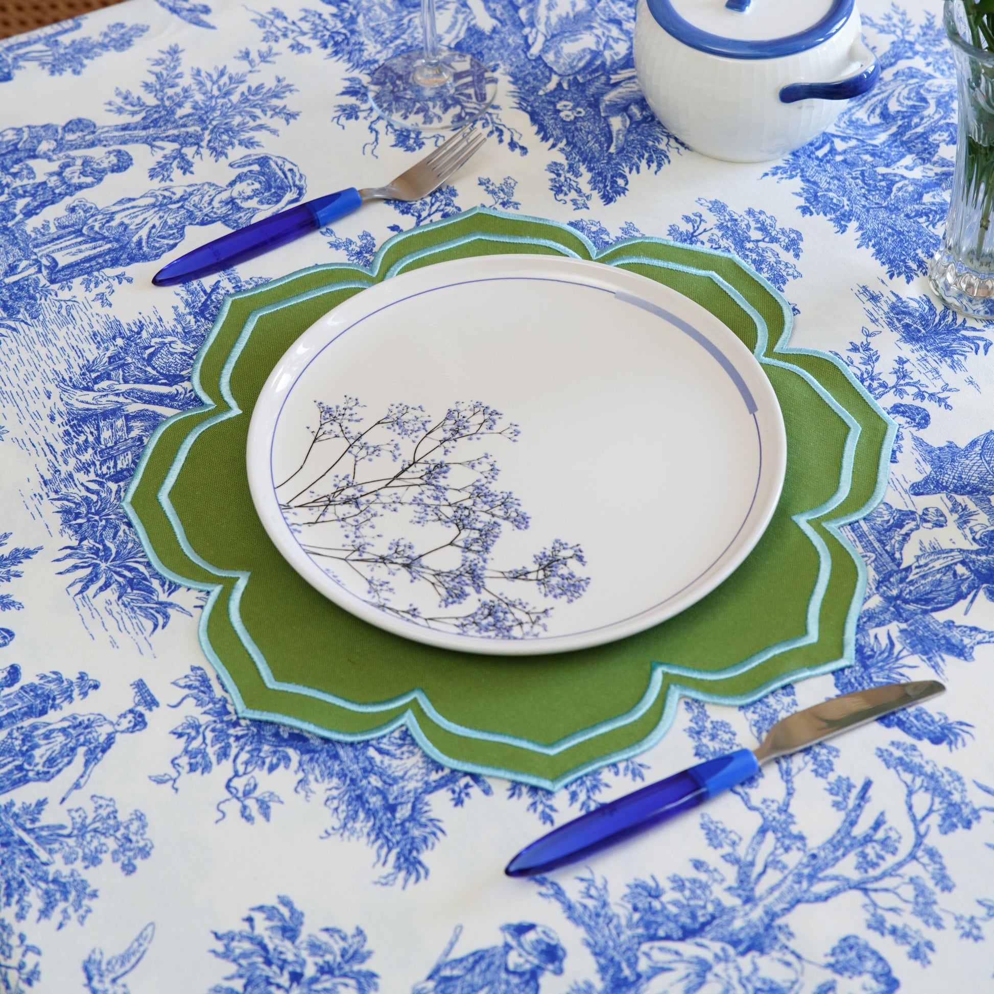 Custom embroidered cotton table linen with silk thread detailing, perfect for weddings, holidays, and dinner parties, available for fast USA shipping.