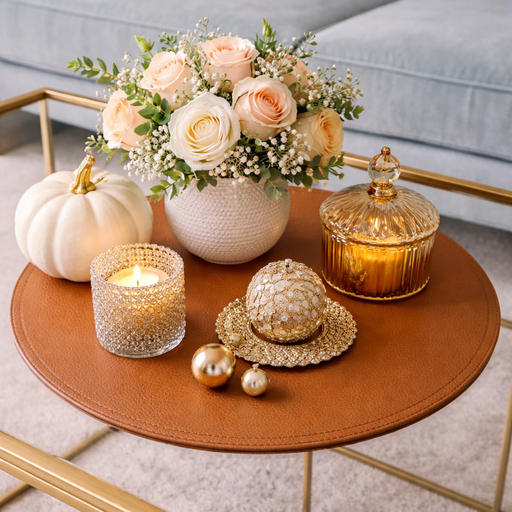 Elegant autumn coffee table decor featuring a white pumpkin, a floral centerpiece with peach and white roses, lit candles, and gold decorative ornaments beautifully arranged on a tan leather round tray.