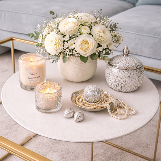 Elegant coffee table decor featuring a white round tray with a white floral centerpiece of roses and dahlias, lit candles, a silver decorative box, a sparkly silver sphere, and draped pearls.
