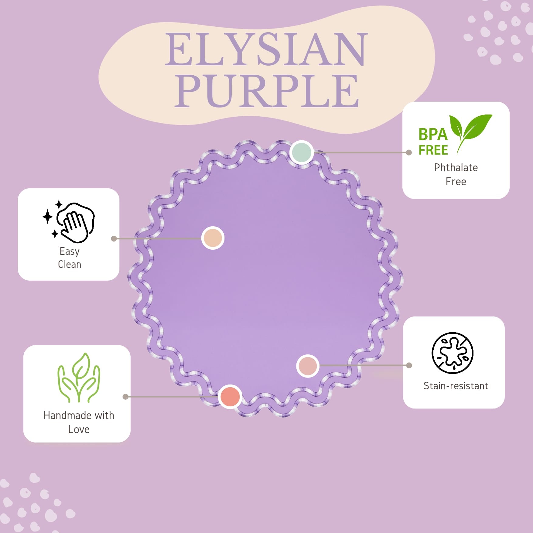 Elysian purple scalloped faux leather table placemat close up showing the scalloped edge detail by PNRDECOR ship from USA