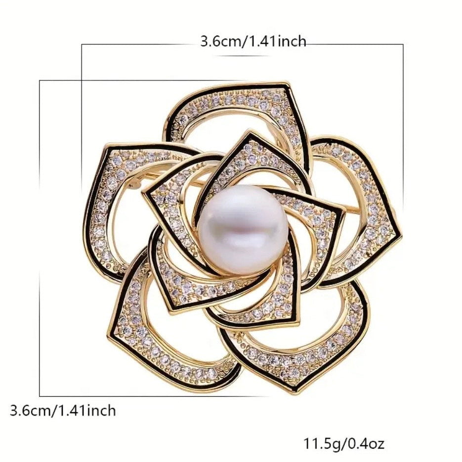 Eternal Pearl Rosette crystal brooch pin with pearl accents and sparkling rhinestones in a floral rosette design, Ship From USA, by Pnr Decor.