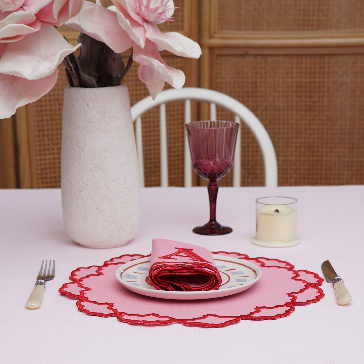 Hand-finished dining set designed for elegant home or event styling