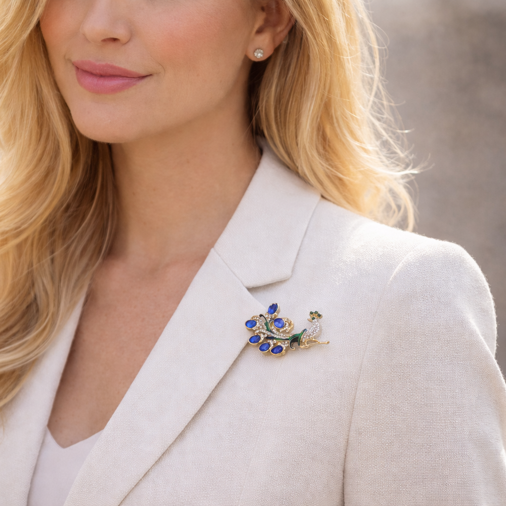 Close up of elegant gold tone peacock brooch featuring smooth blue cabochon stones and crystal accents on white fabric by PNR Decor ship from USA