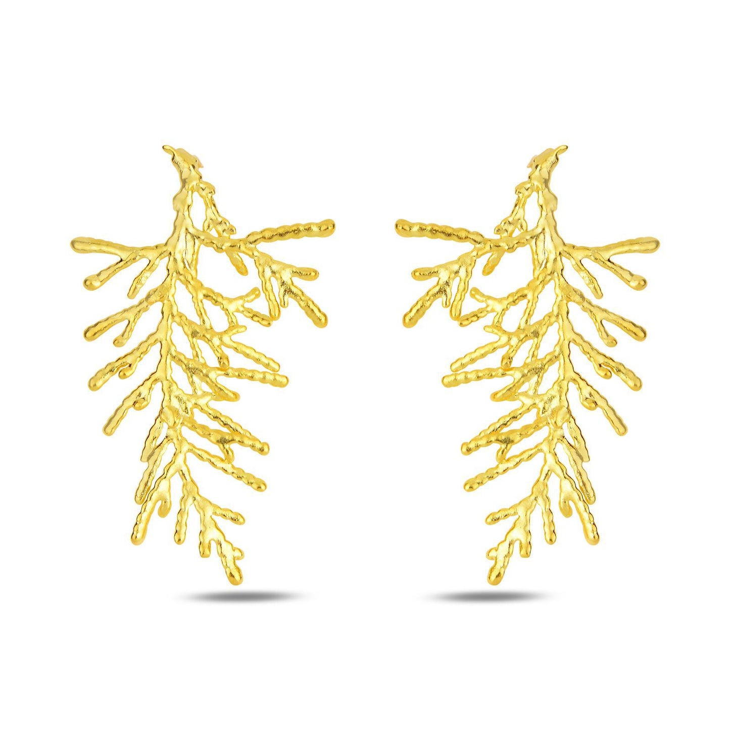 A pair of handcrafted botanical branch-shaped earrings made from 18K gold-plated 925 sterling silver, intricately detailed to mimic natural cypress leaves. The earrings are symmetrical with a delicate texture, measuring 5 cm long and 3 cm wide.