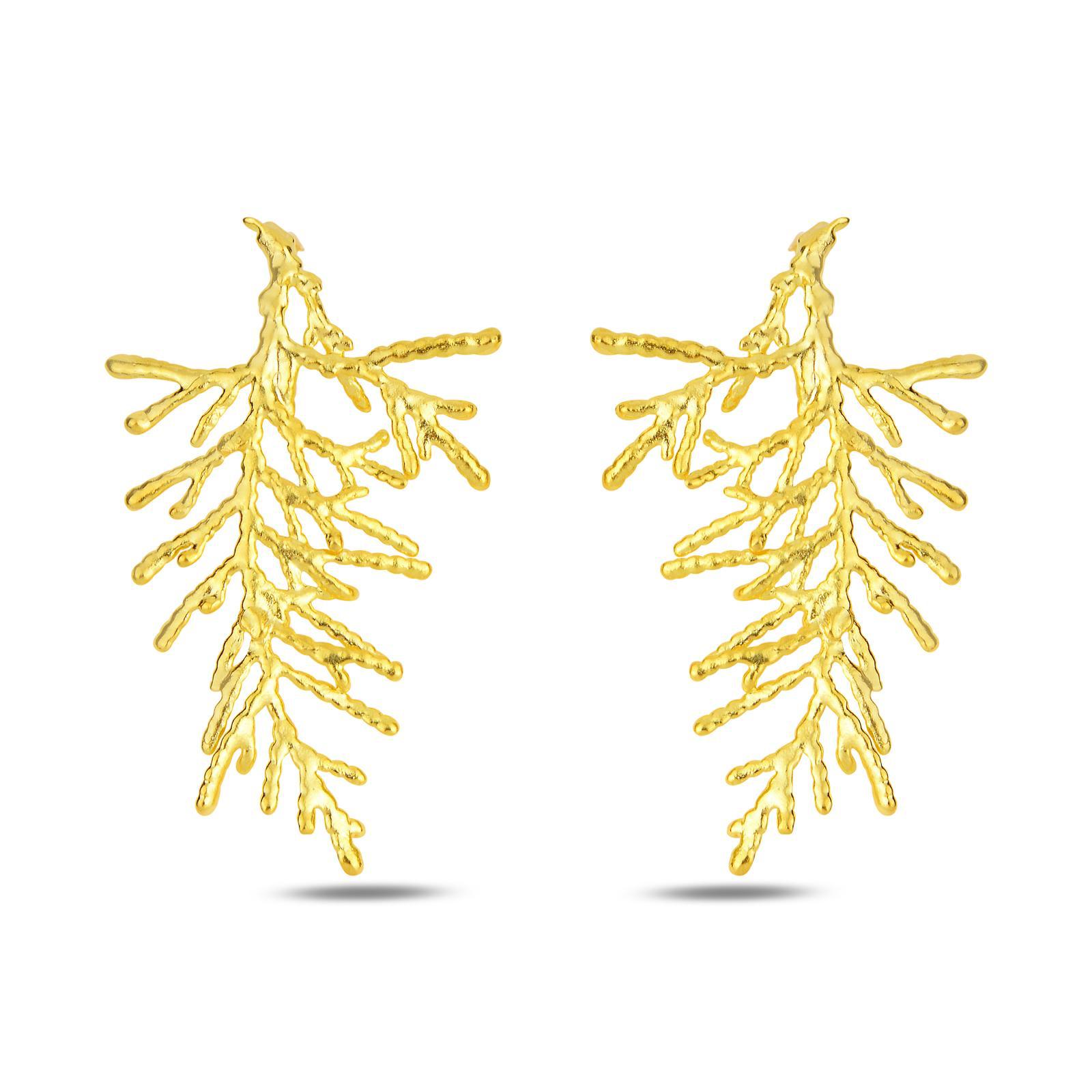 A pair of handcrafted botanical branch-shaped earrings made from 18K gold-plated 925 sterling silver, intricately detailed to mimic natural cypress leaves. The earrings are symmetrical with a delicate texture, measuring 5 cm long and 3 cm wide.