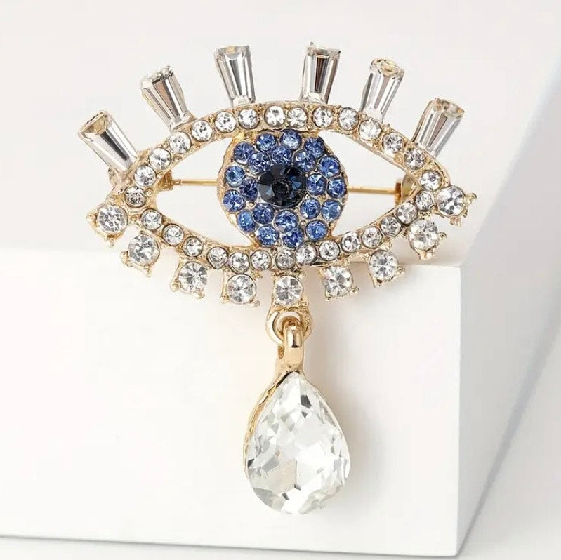 Golden Guardian evil eye crystal brooch pin with sparkling rhinestones and protective eye design, Ship From USA, by Pnr Decor.