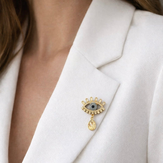 Golden Guardian evil eye crystal brooch with sparkling rhinestones and protective eye design, Ship From USA, by Pnr Decor.