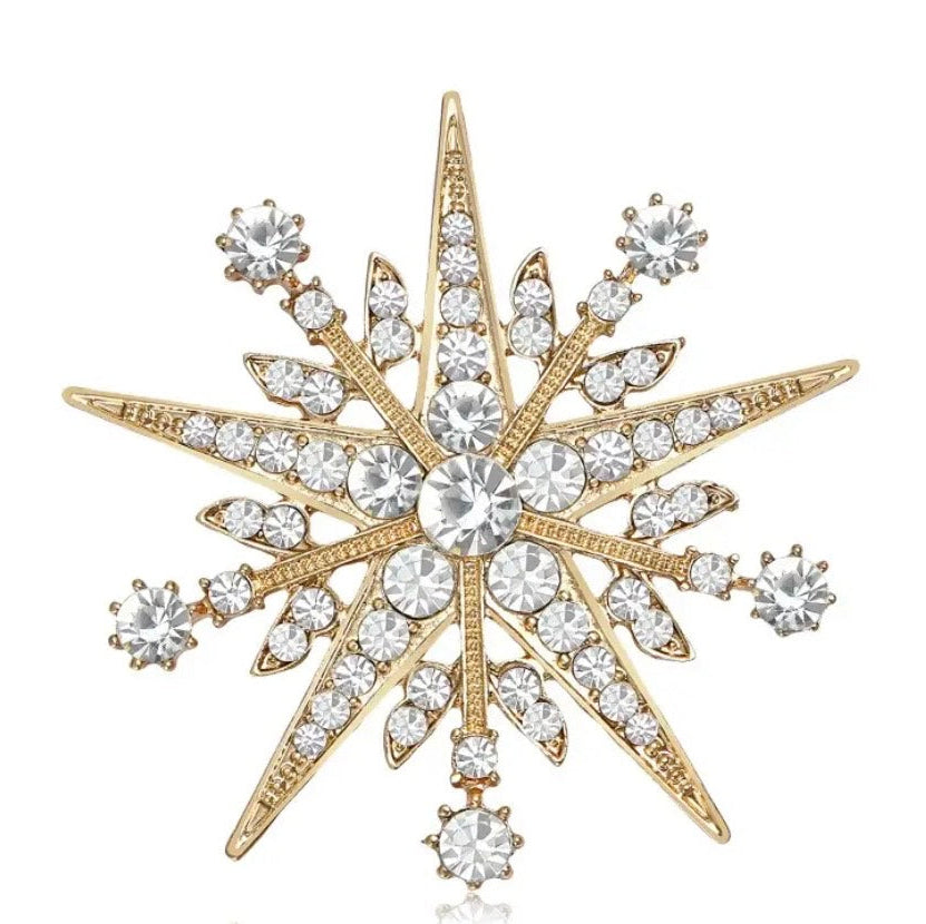 Golden Starlight crystal starburst brooch pin with radiant sparkle and shimmering rhinestones, Ship From USA, by Pnr Decor.
