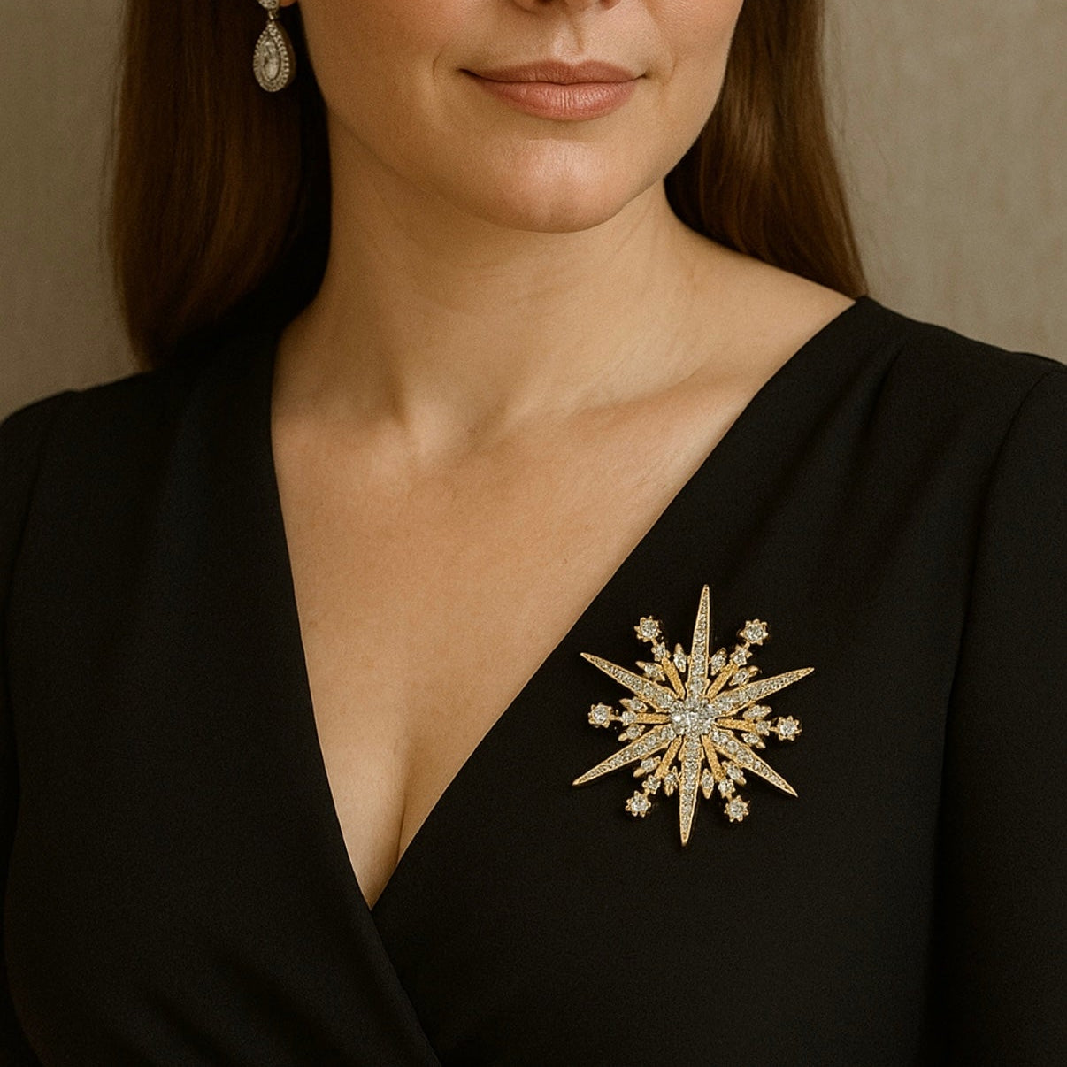 Golden Starlight crystal starburst brooch with radiant gold-tone sparkle and shimmering rhinestones, Ship From USA, by Pnr Decor.