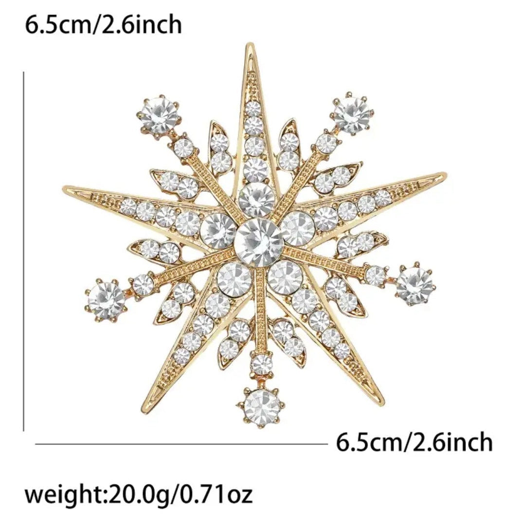 Close-up of the Golden Starlight starburst brooch showing crystal rays and brilliant sparkle detail, Ship From USA, by Pnr Decor.