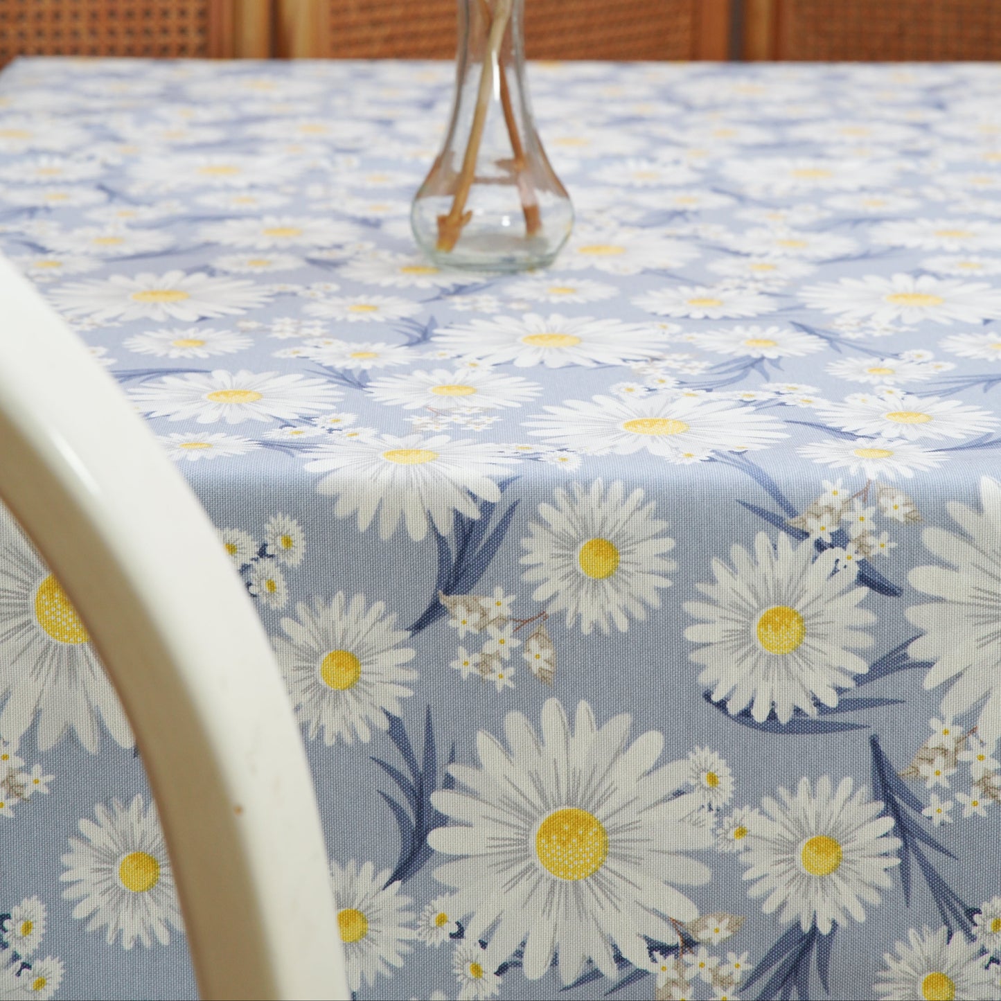 Grace Daisy yellow & gray custom rectangle tablecloth crafted from OEKO-TEX® certified fabric—easy-care, low maintenance, perfect for elevated gatherings, with USA-based shipping.