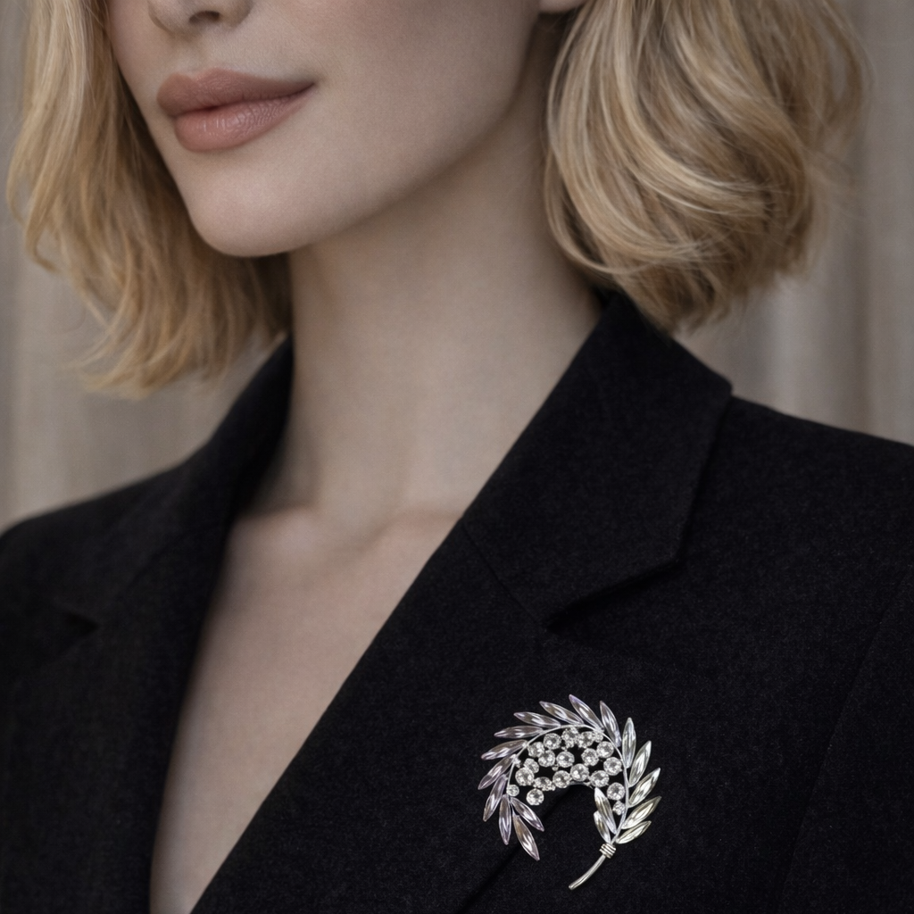A stunning handcrafted floral brooch featuring layers of gold-plated petals set with purple and lilac marquise crystals, centered with a large, radiant white pearl.