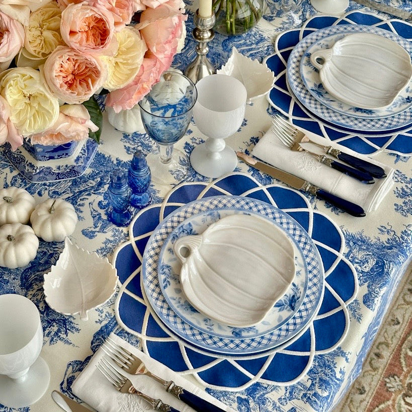 Luxury feel cotton placemat with refined embroidery, great for everyday use and rustic wedding decor, crafted in the USA with USA shipping.
