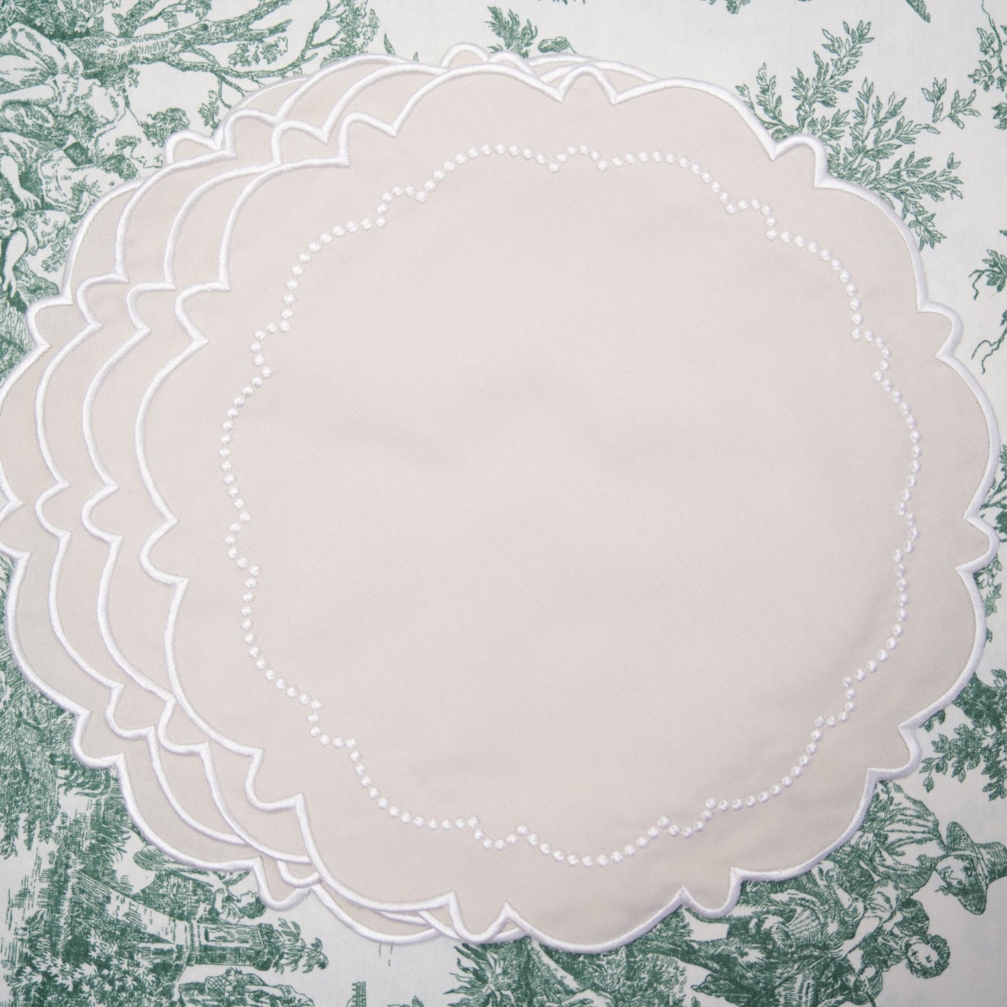 Made to order embroidered cotton table linen for weddings, events, and daily dining, designed for a luxury look with USA delivery.
