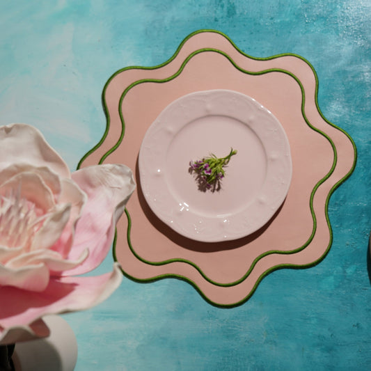 Haven Pink Wavy Edge Faux Leather Placemat – expertly handcrafted from eco-friendly, vegan faux leather with elegant embroidery and double-layered design, stain-resistant and durable.