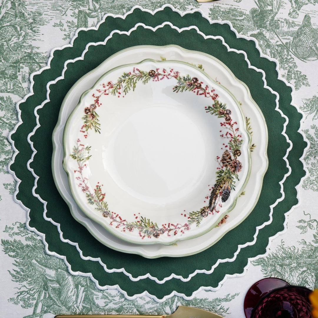 Hazel green and white Christmas fabric placemat with festive holiday styling by PNRDECOR ship from USA
