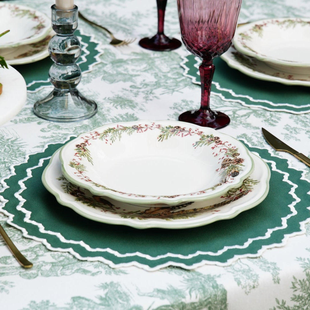 Close up of Hazel green and white Christmas placemat fabric texture and weave by PNRDECOR ship from USA
