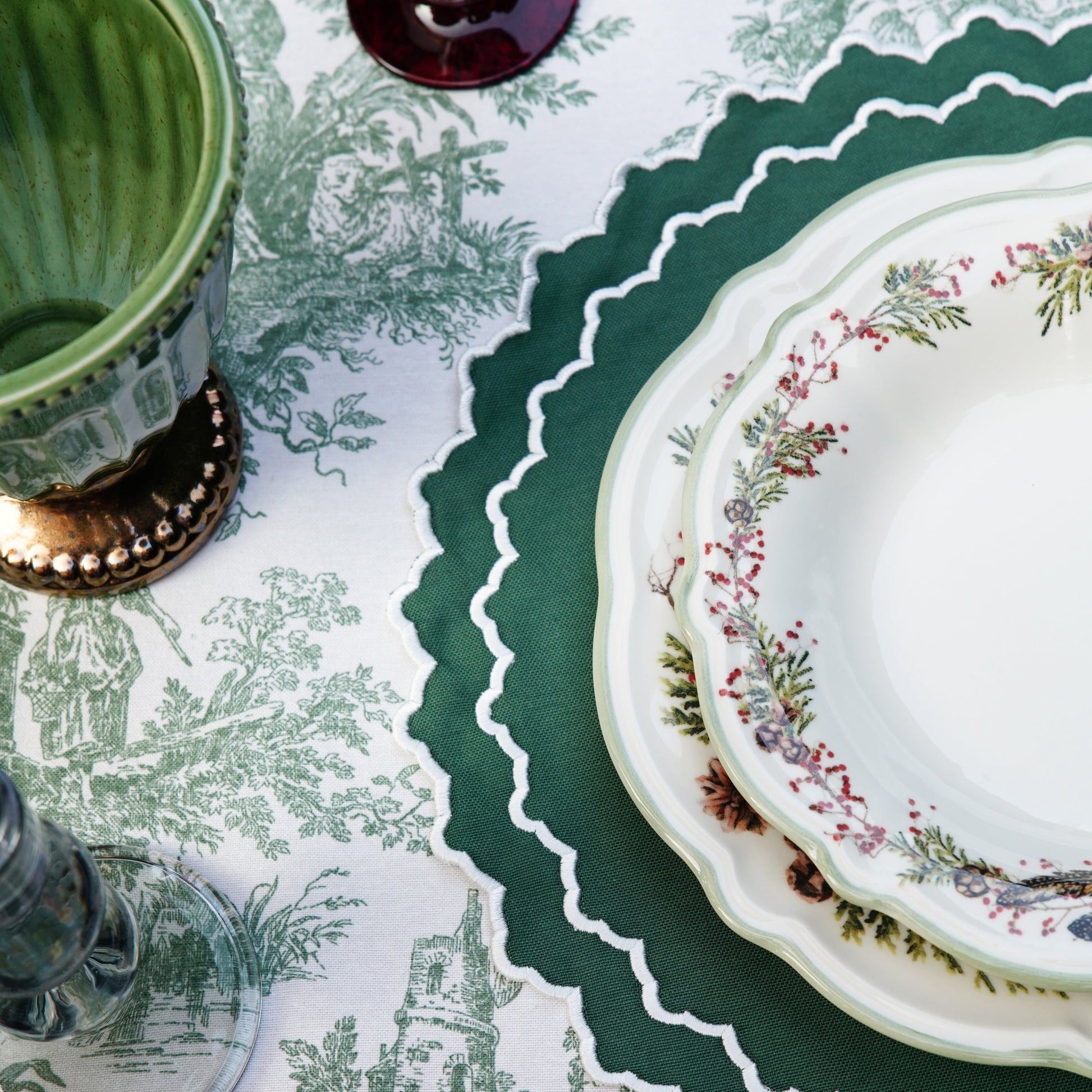 Hazel green white Christmas placemat fabric set presentation for seasonal tablescape by PNRDECOR ship from USA
