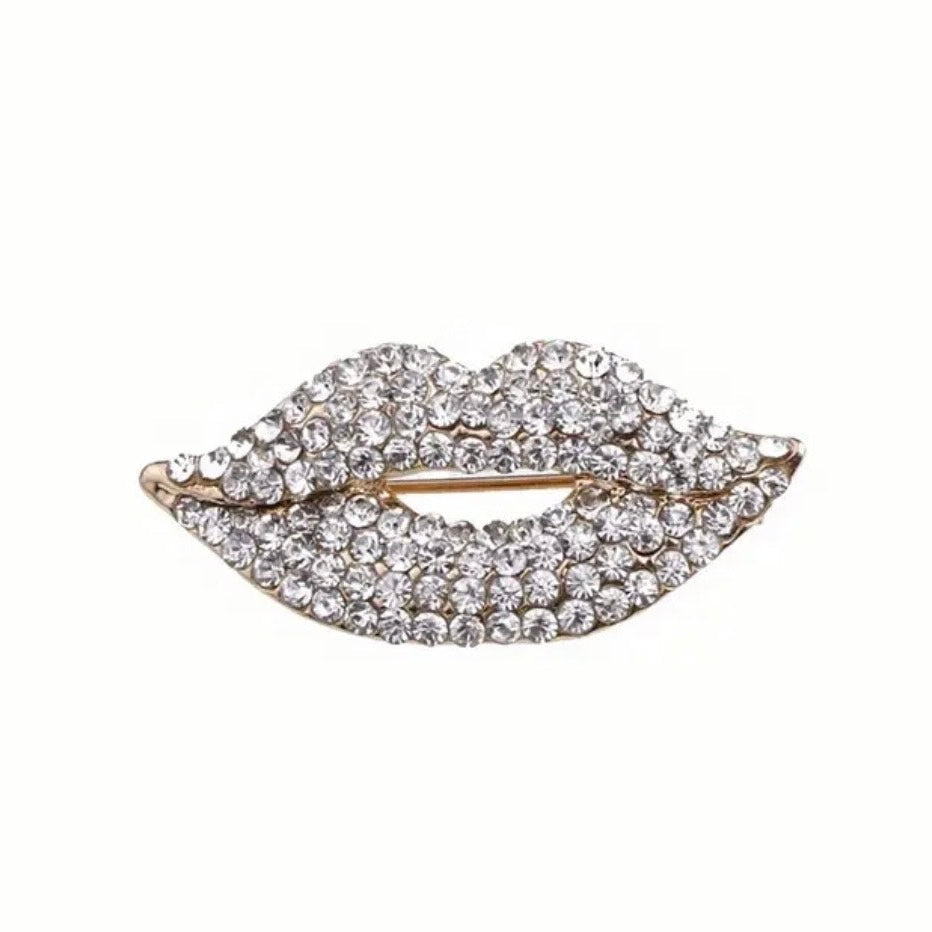 Iconic Kiss crystal lips brooch with sparkling rhinestones and bold glam design, Ship From USA, by Pnr Decor.