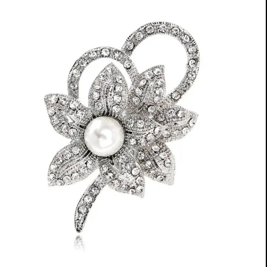 Close-up of the Ivory Bloom bow brooch showing pearl accents and crystal shimmer detail, Ship From USA, by Pnr Decor.