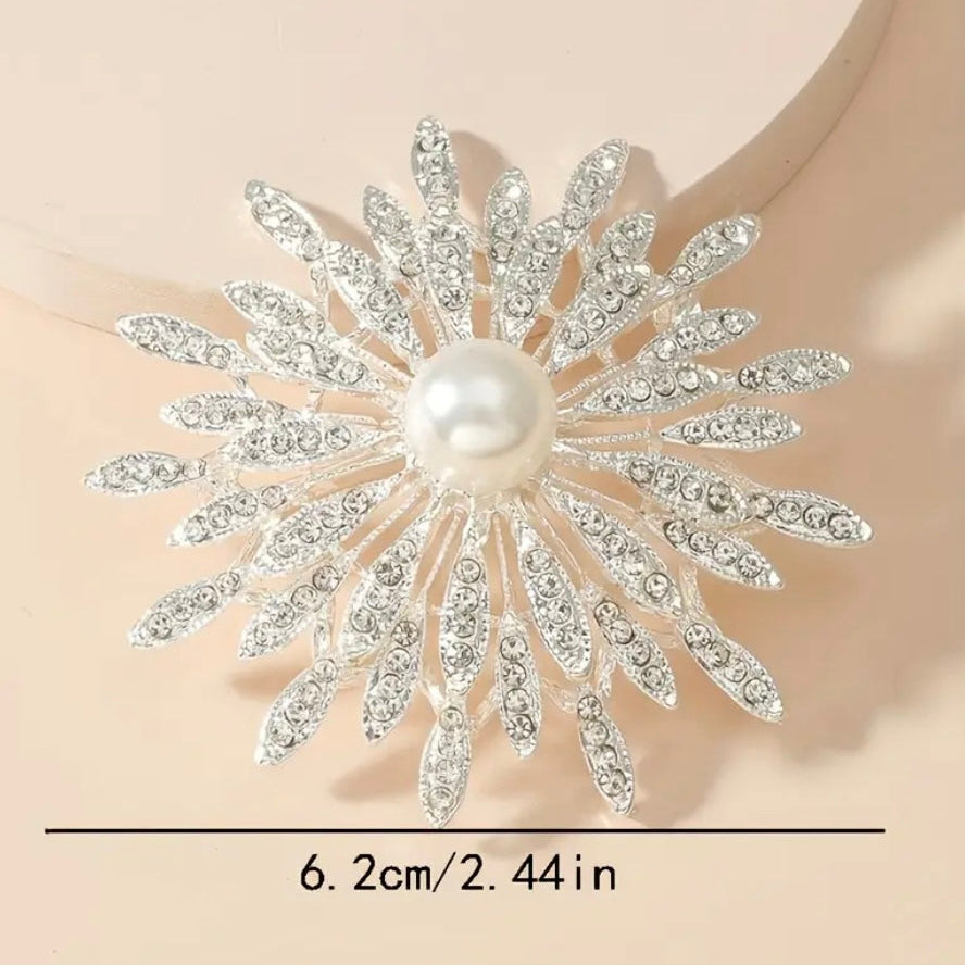 Close-up of the Ivory Sunburst brooch showing pearl accents and crystal ray detailing, Ship From USA, by Pnr Decor.