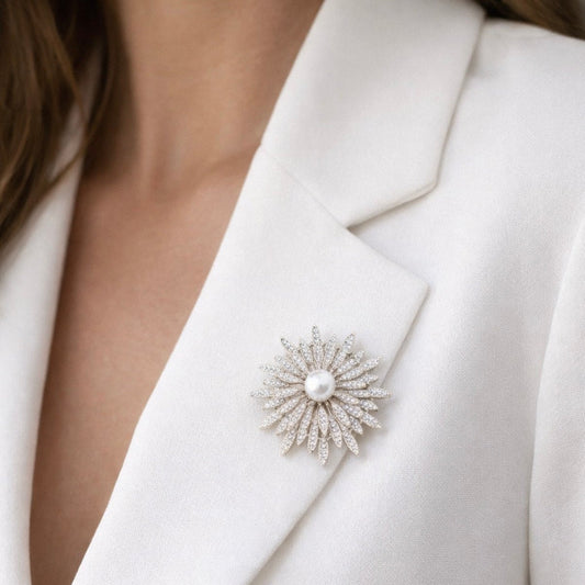 Ivory Sunburst pearl and crystal brooch with radiant starburst design and sparkling rhinestones, Ship From USA, by Pnr Decor.